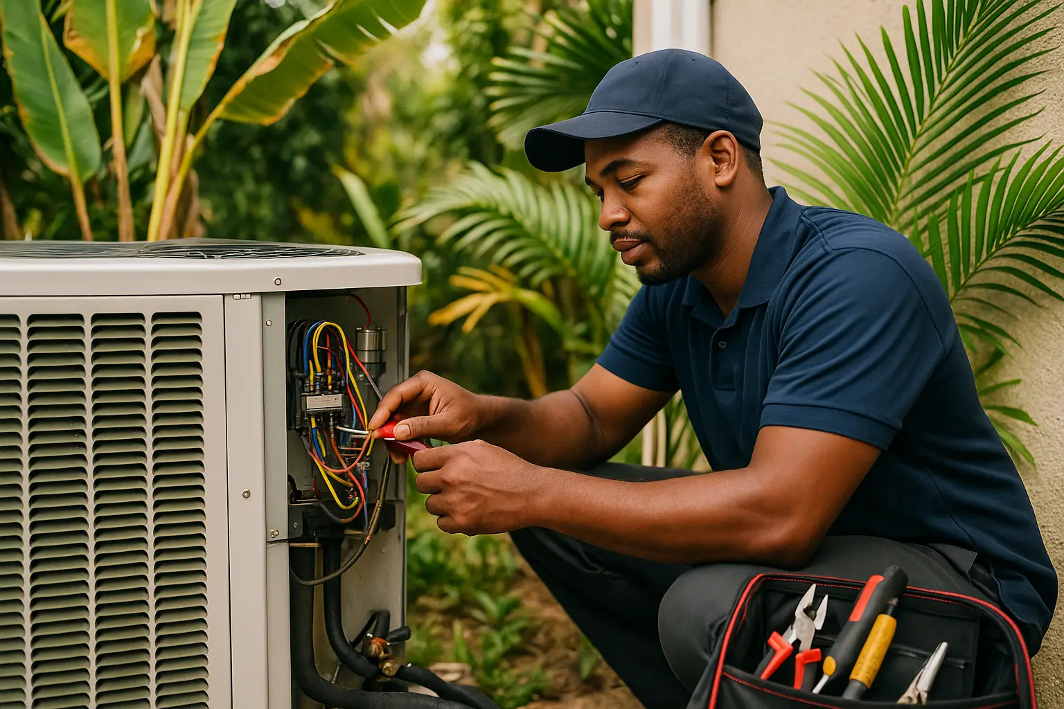 Technicien d'Aura Climatisation réalisant une réparation sur un climatiseur