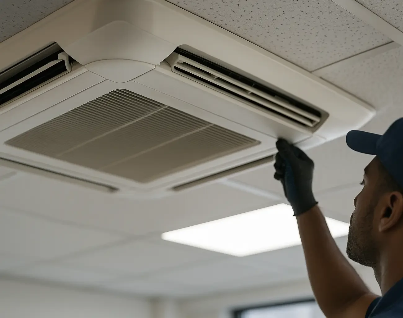 Technicien installant une cassette de climatisation