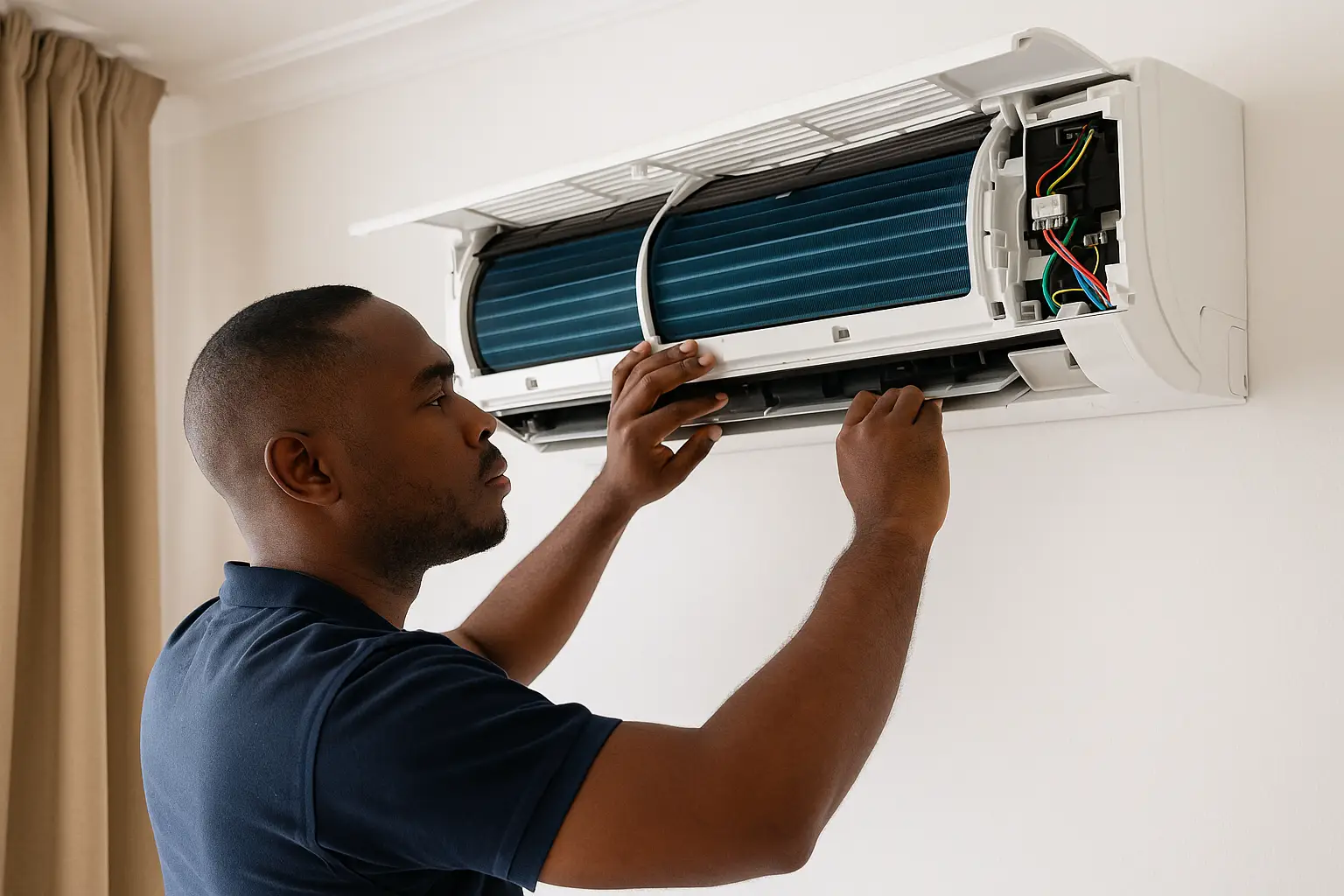 Technicien d'Aura Climatisation réalisant une vérification sur un climatiseur