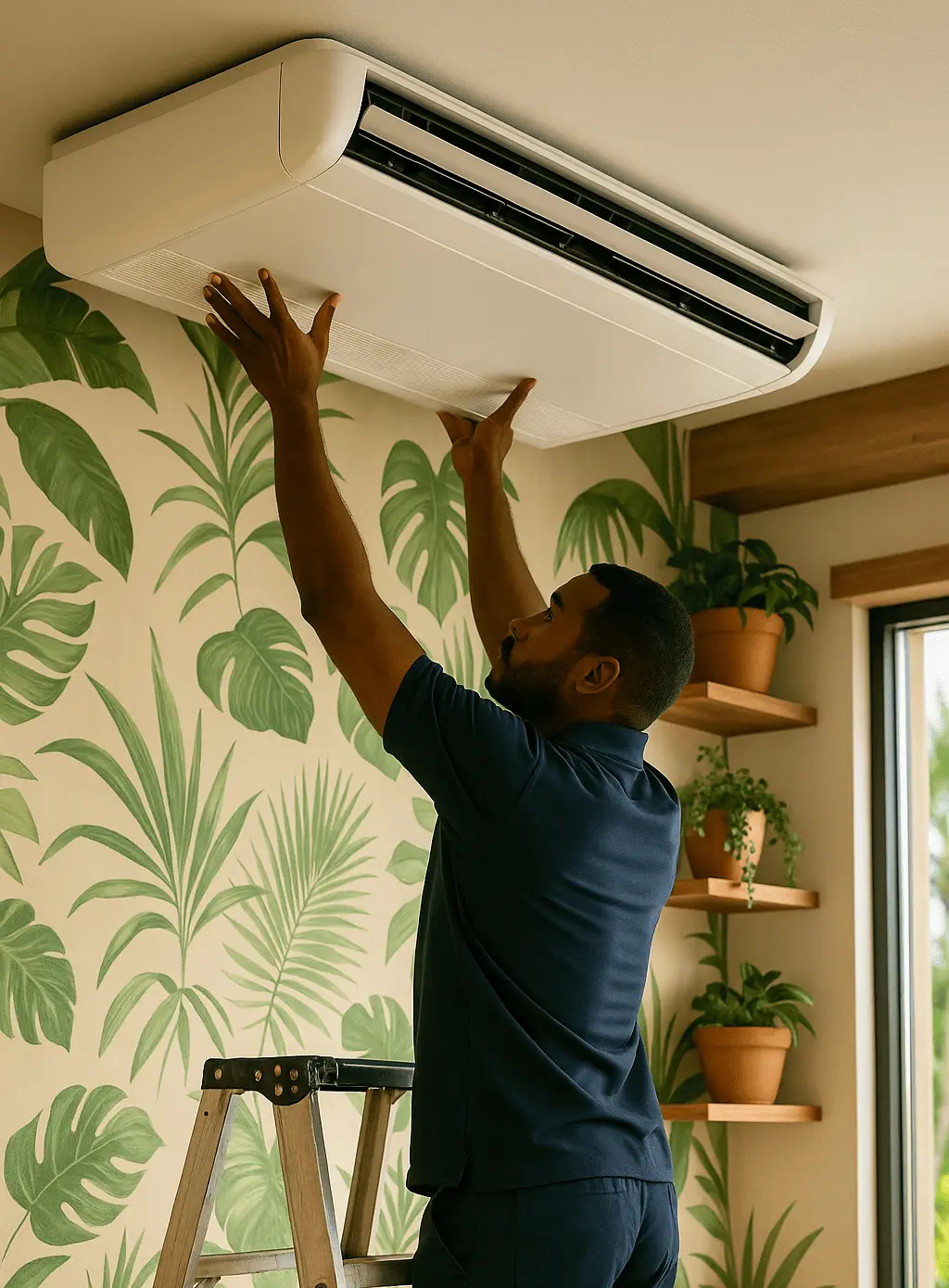Photo d'un technicien d'Aura Climatisation installant un plafonnier